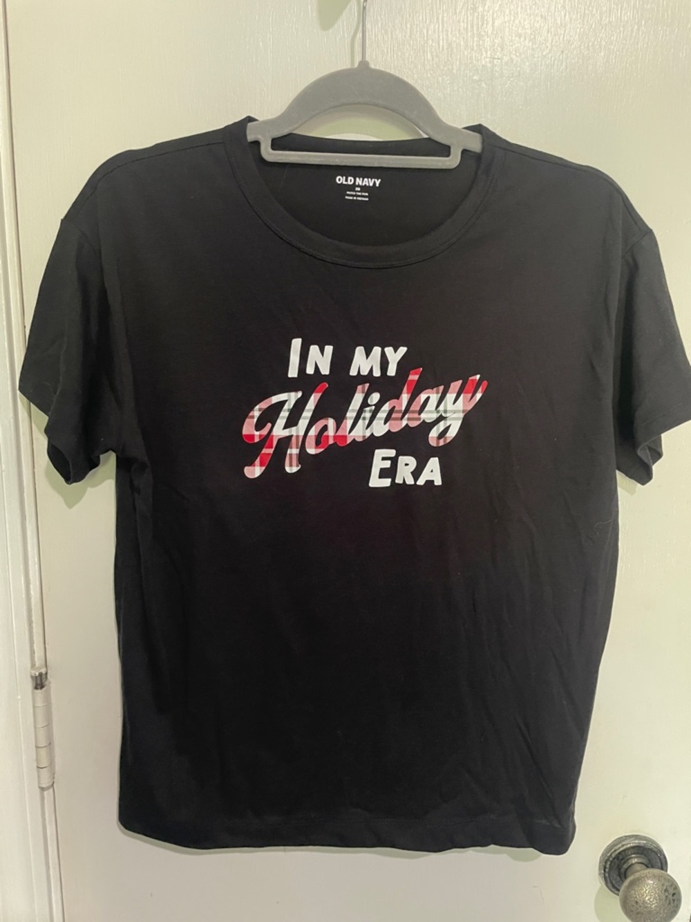 Old Navy Black Holiday Era Graphic Tee with Plaid Accent-oversized!